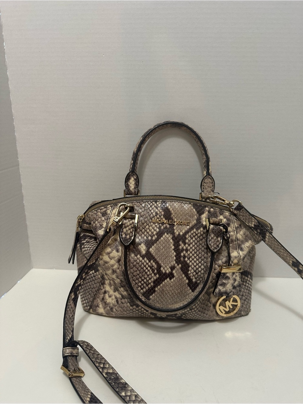 Michael Kors Real Leather Snake-Print Satchel in Taupe and Brown